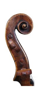 Scroll and neck detail of Hermann Joseph Stoss 1729 Baroque violin, original Baroque setup – Givens Violins
