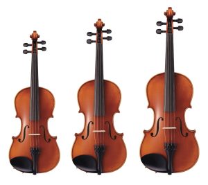 Three fractional violins of varying sizes shown side by side, illustrating differences in body proportions for student sizing.