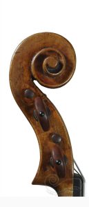 Close-up of a Stefano Scarampella violin scroll, Mantua circa 1890, with bold carving, visible toolmarks and amber varnish.