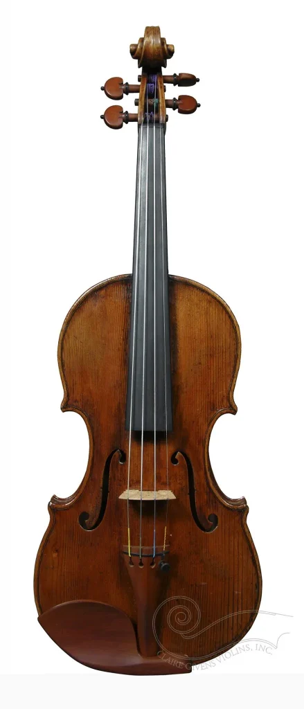 Front view of a Stefano Scarampella violin, Mantua circa 1890, showing f-holes, arching and warm golden-brown varnish.